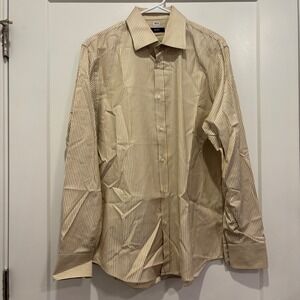 Hugo Boss Mens Striped Dress Shirt Tan White Long Sleeve 16.5 34/35